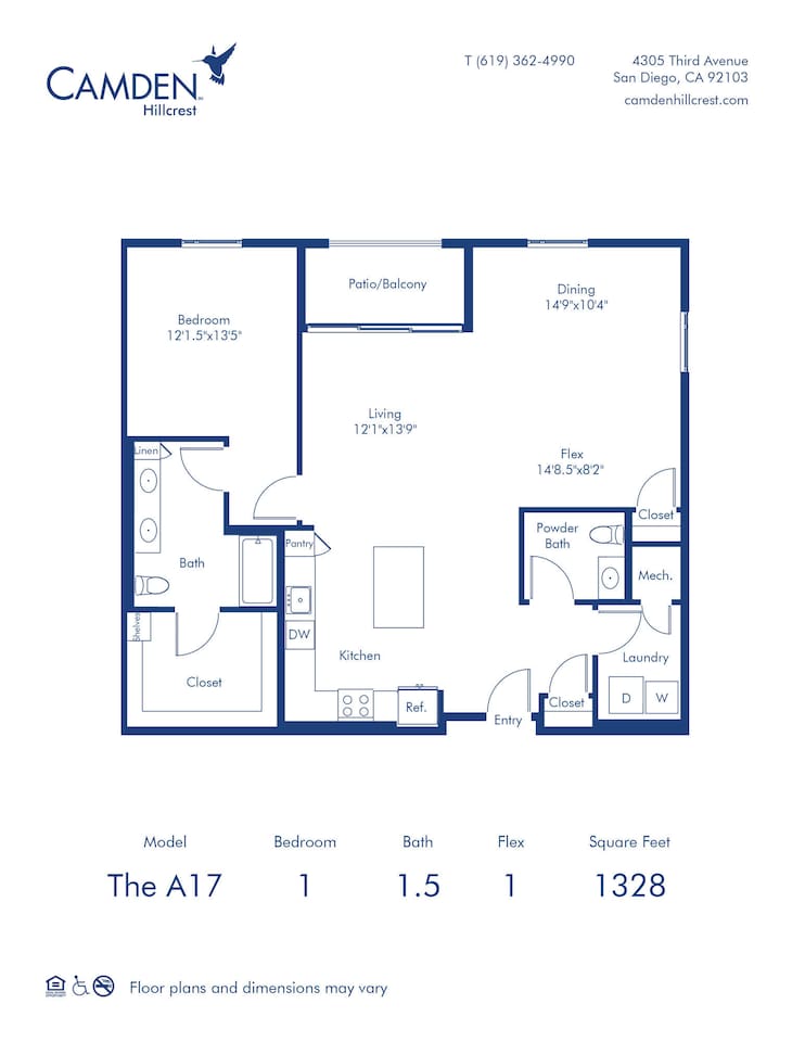 Floorplan diagram for The A17, showing 1 bedroom
