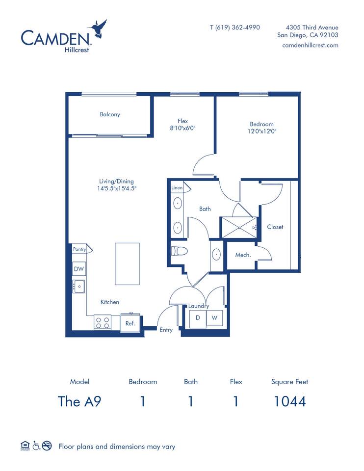 Floorplan diagram for The A9, showing 1 bedroom
