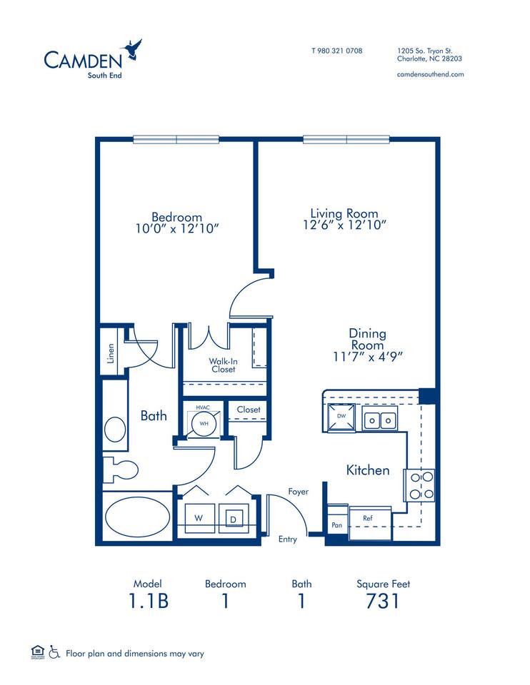 Floorplan diagram for 1.1B, showing 1 bedroom