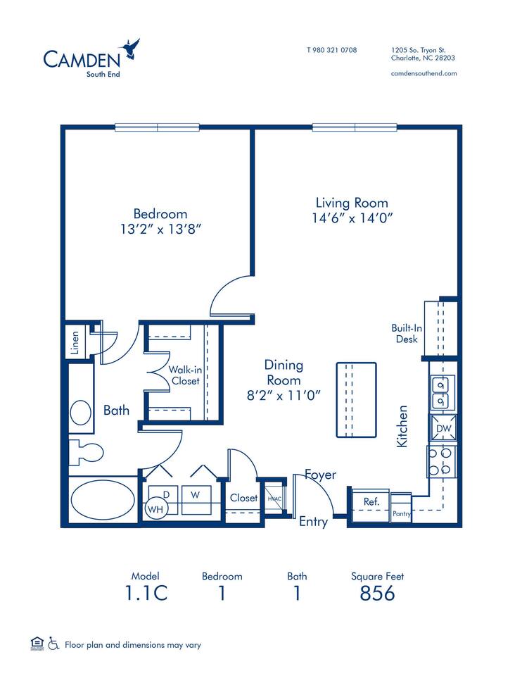 Floorplan diagram for 1.1C, showing 1 bedroom