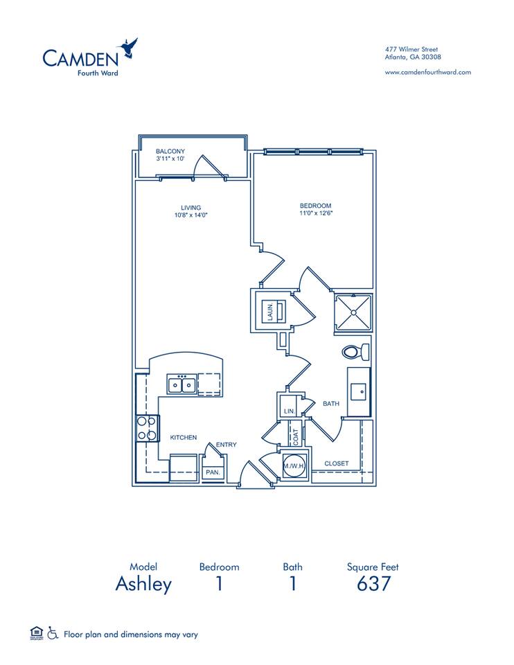 Floorplan diagram for Ashley, showing 1 bedroom