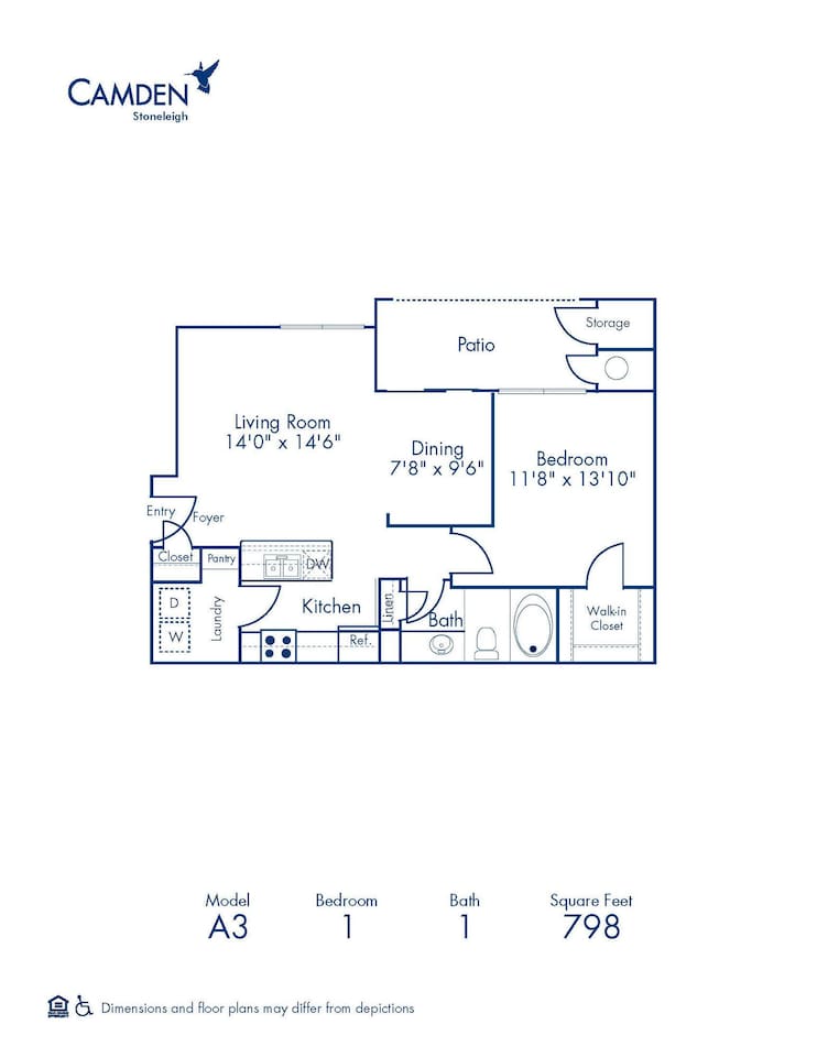 Floorplan diagram for A3, showing 1 bedroom
