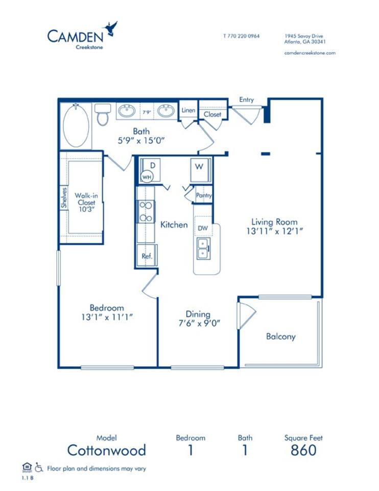 Floorplan diagram for Cottonwood, showing 1 bedroom