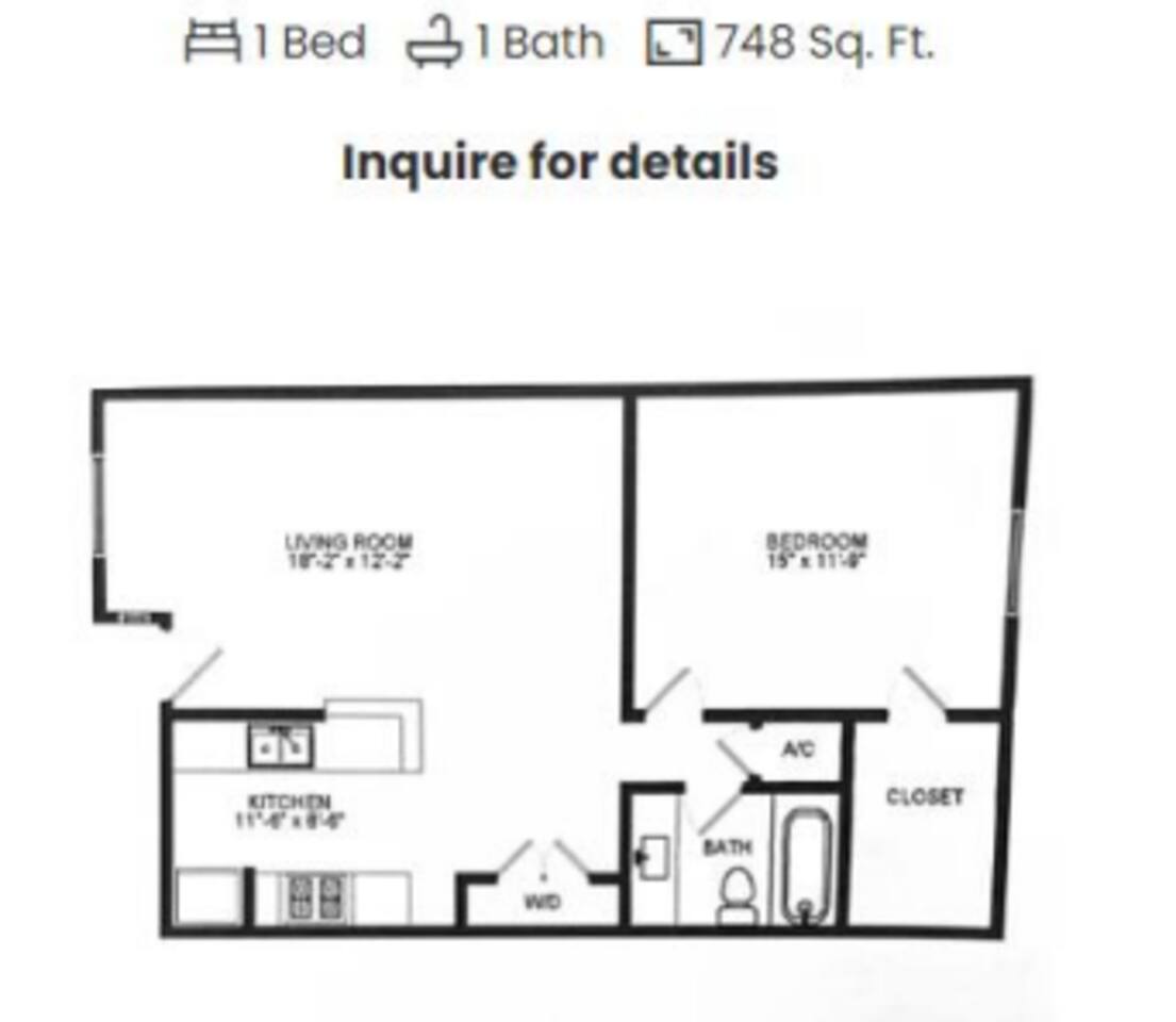 Floorplan diagram for 1x1 A12, showing 1 bedroom