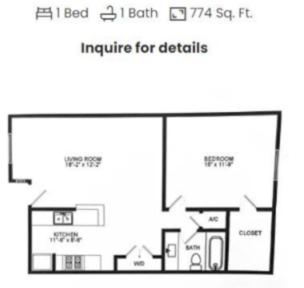 Floorplan diagram for 1x1 A15, showing 1 bedroom