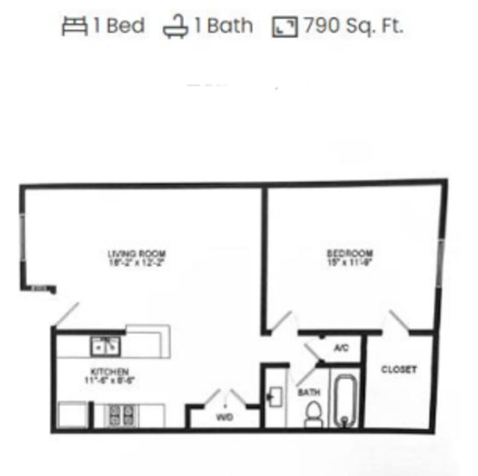 Floorplan diagram for 1x1 A19, showing 1 bedroom