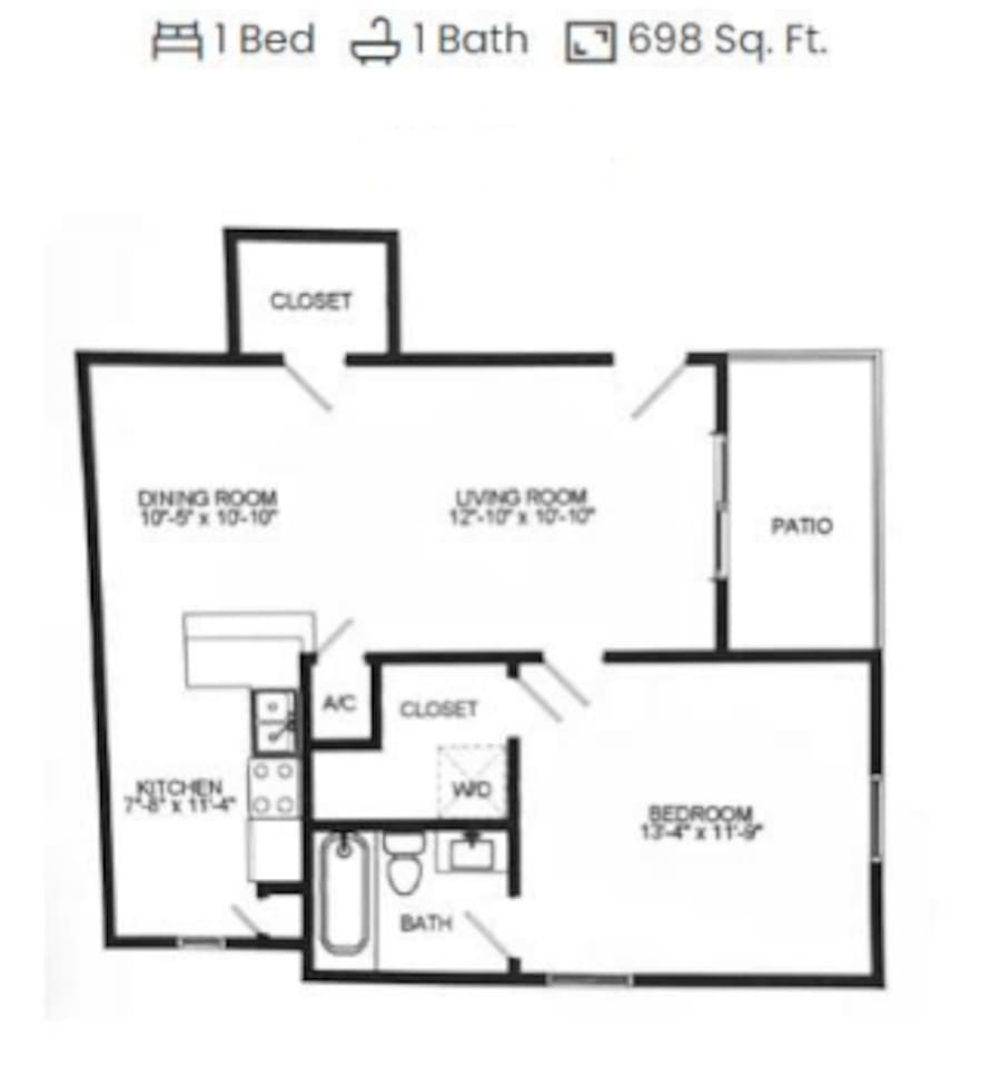 Floorplan diagram for 1x1 A8, showing 1 bedroom