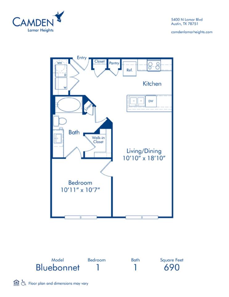 Floorplan diagram for Bluebonnet, showing 1 bedroom