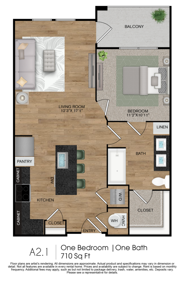 Floorplan diagram for A2.1, showing 1 bedroom