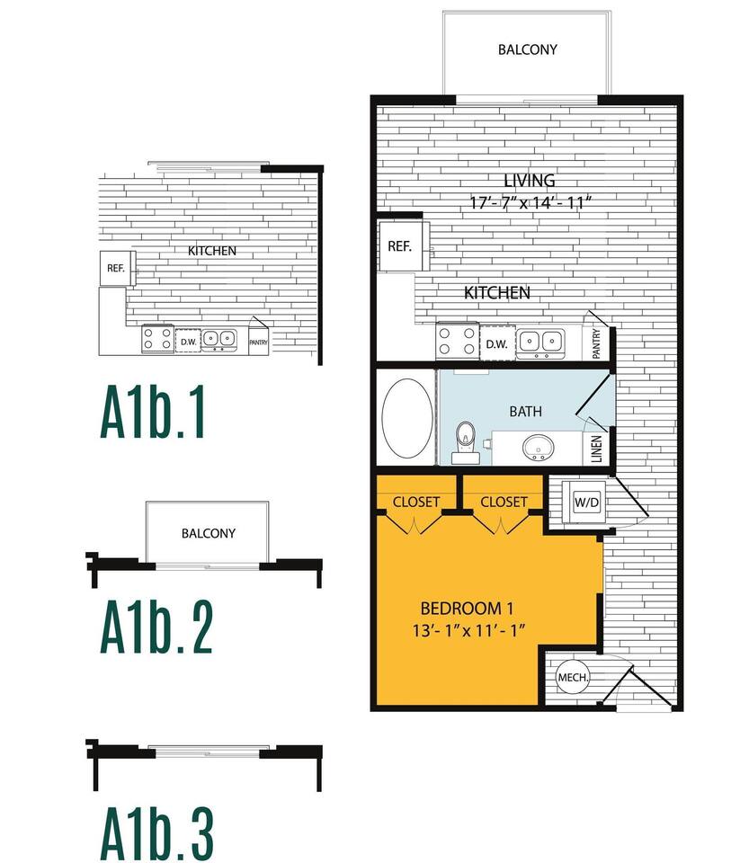 Floorplan diagram for A1B.1, showing 1 bedroom