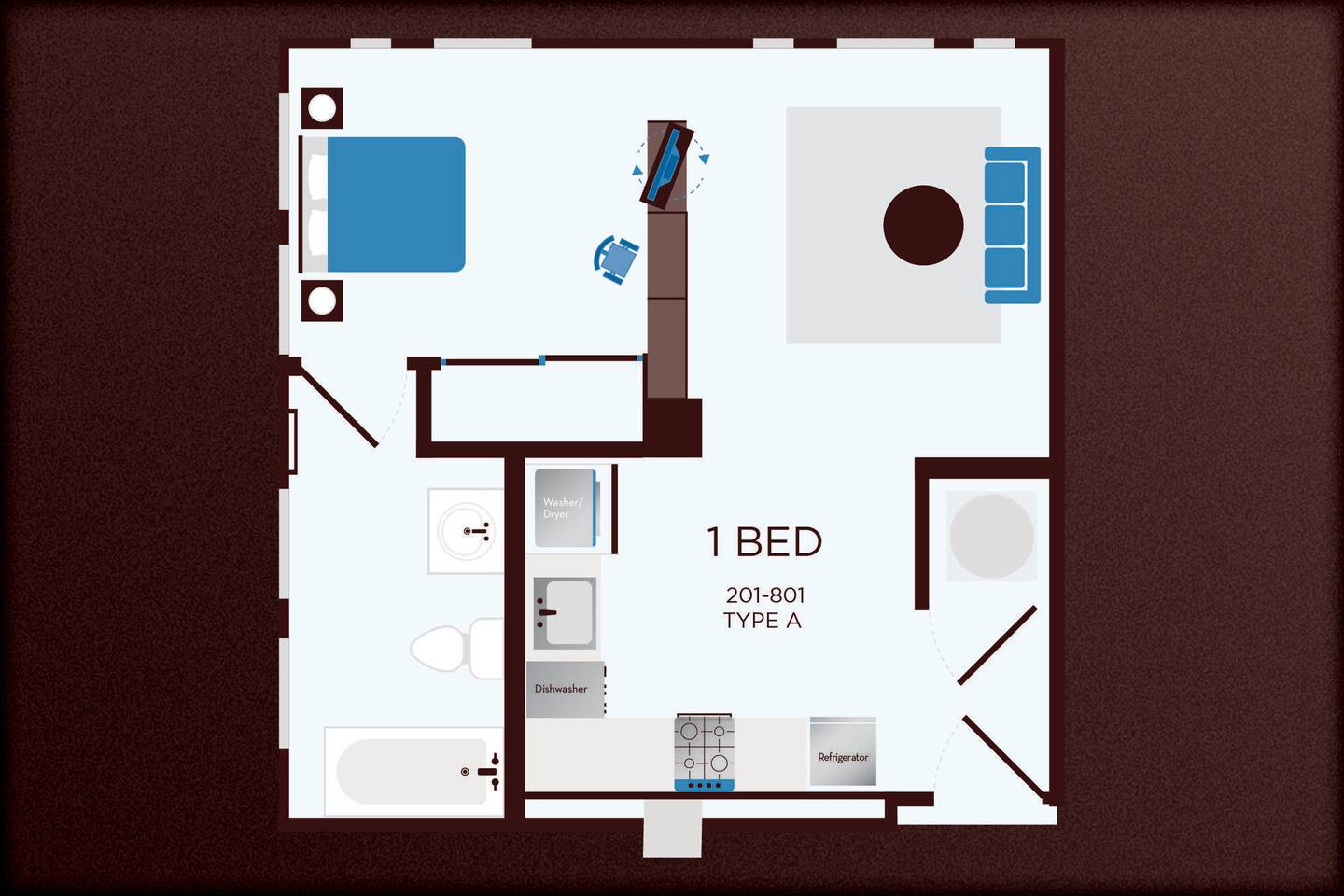 Floorplan diagram for 201, showing 1 bedroom