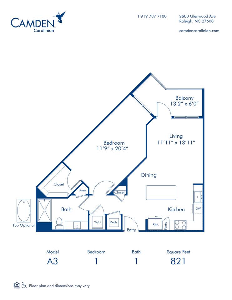 Floorplan diagram for A3, showing 1 bedroom