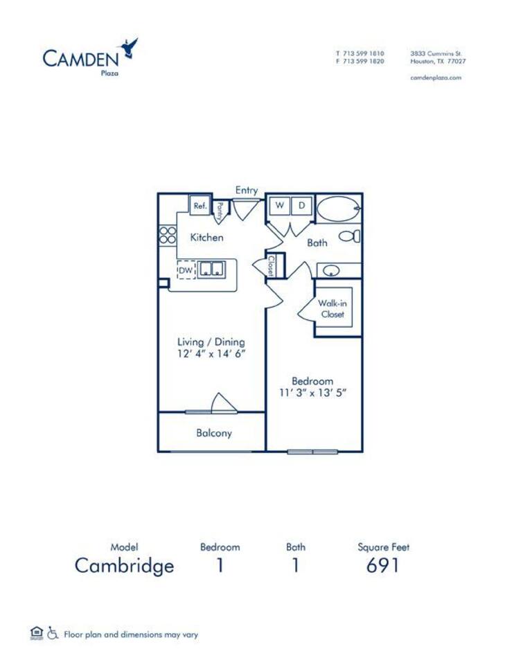 Floorplan diagram for Cambridge, showing 1 bedroom