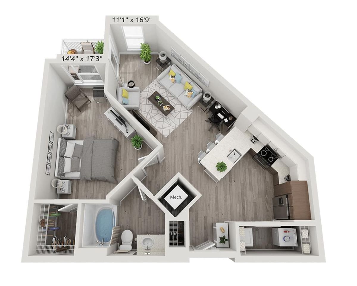 Floorplan diagram for One Bedroom A1O, showing 1 bedroom
