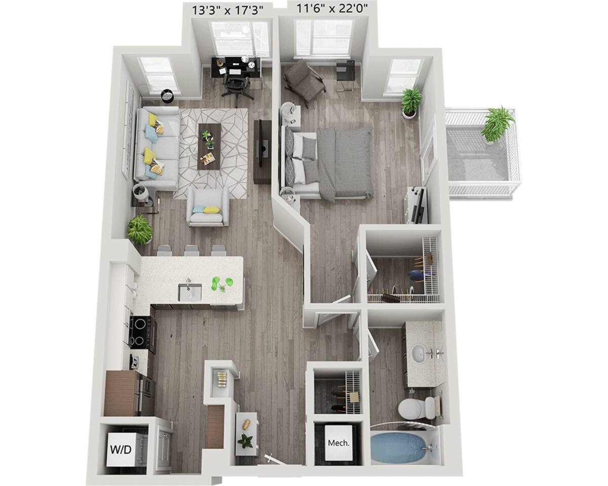 Floorplan diagram for One Bedroom A1R, showing 1 bedroom