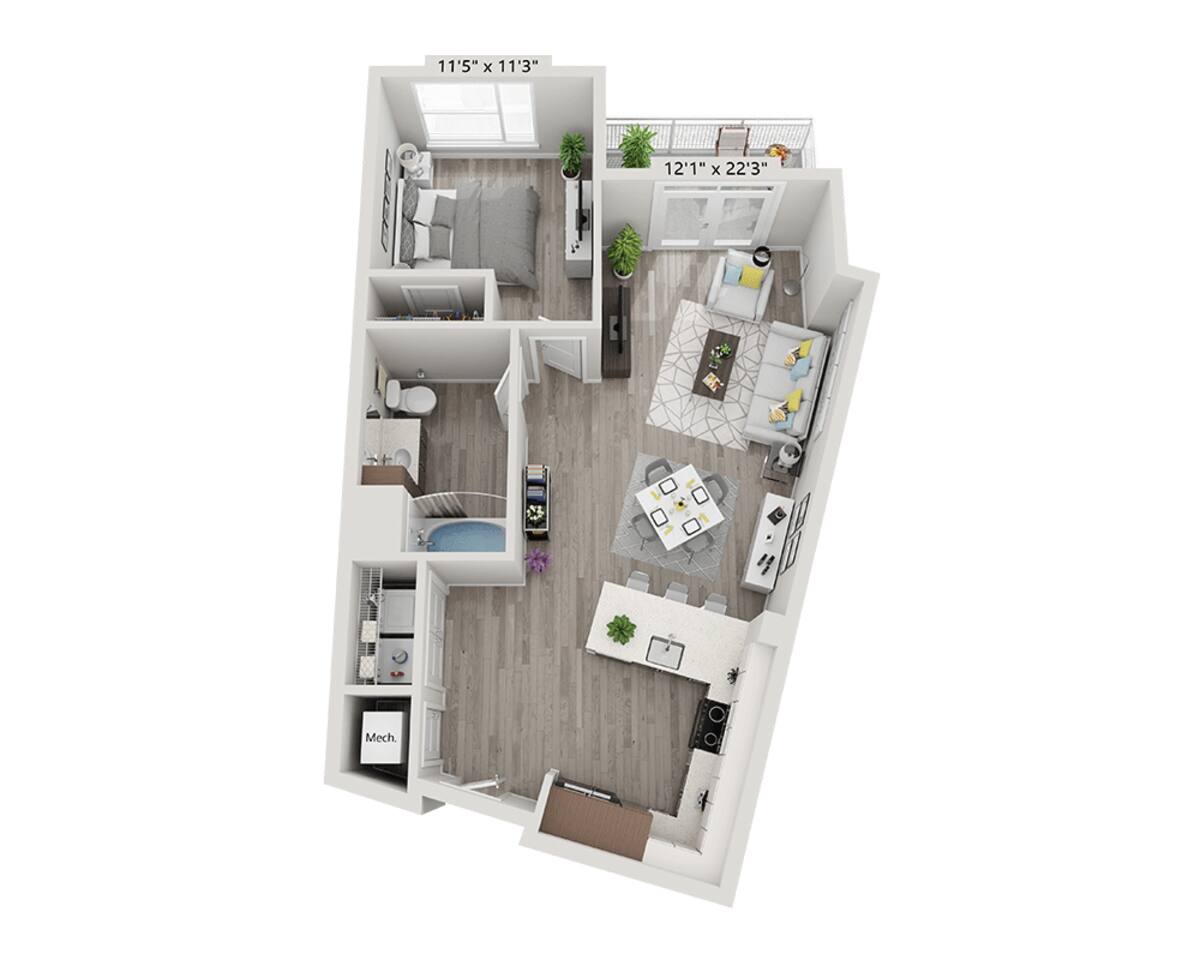 Floorplan diagram for One Bedroom A1T, showing 1 bedroom