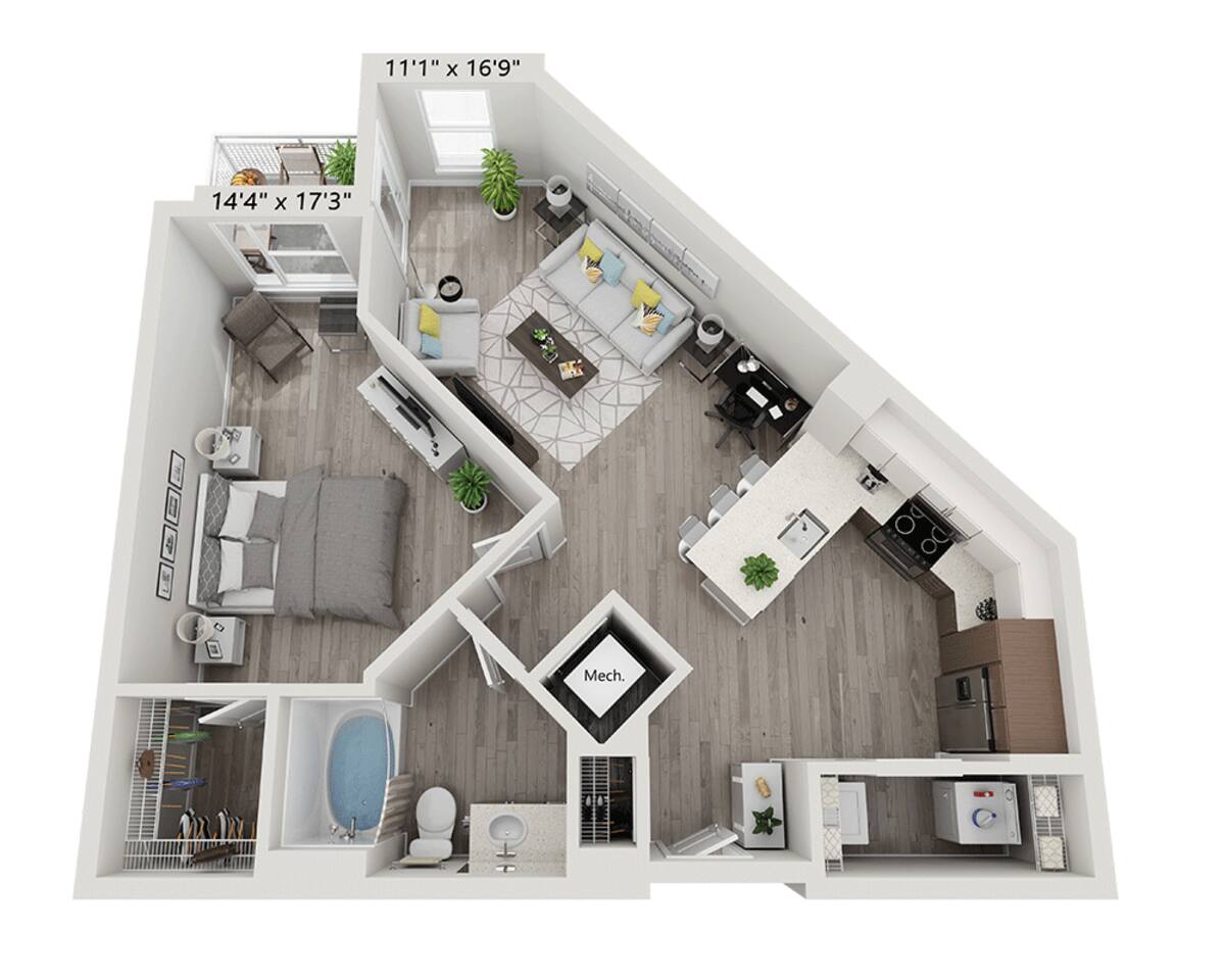 Floorplan diagram for One Bedroom A1O-WDU, showing 1 bedroom
