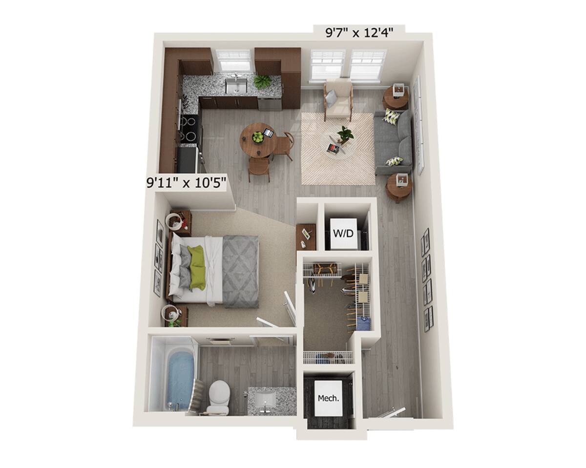 Floorplan diagram for Studio E1B, showing Studio