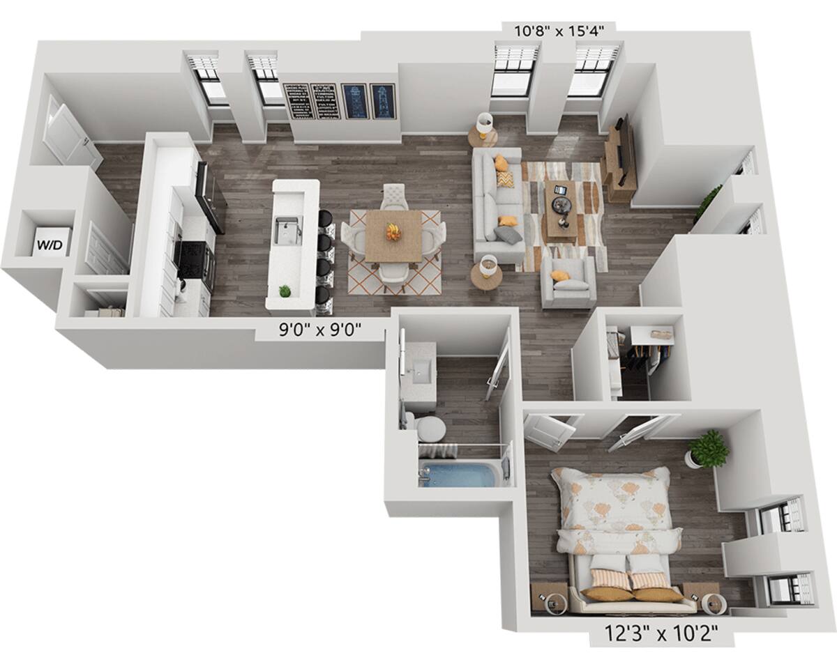 Floorplan diagram for One Bedroom A1A4, showing 1 bedroom