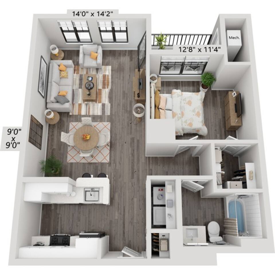 Floorplan diagram for One Bedroom A1C4, showing 1 bedroom