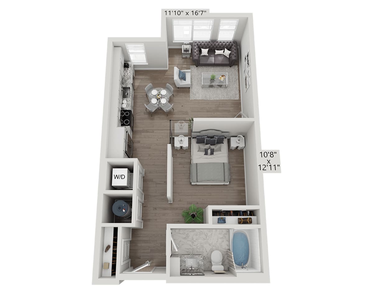 Floorplan diagram for Studio E1B, showing Studio