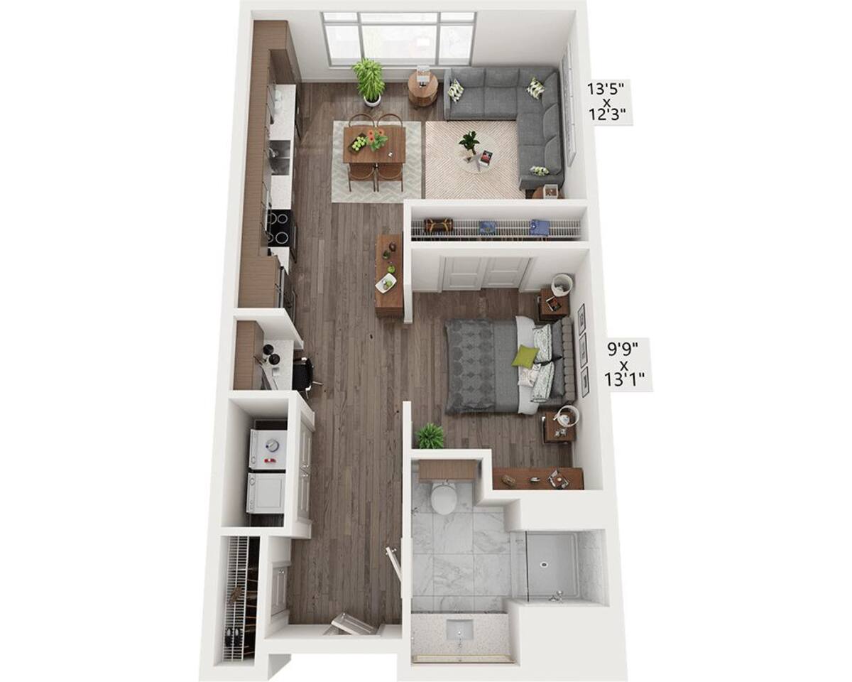 Floorplan diagram for Studio E1A1, showing Studio
