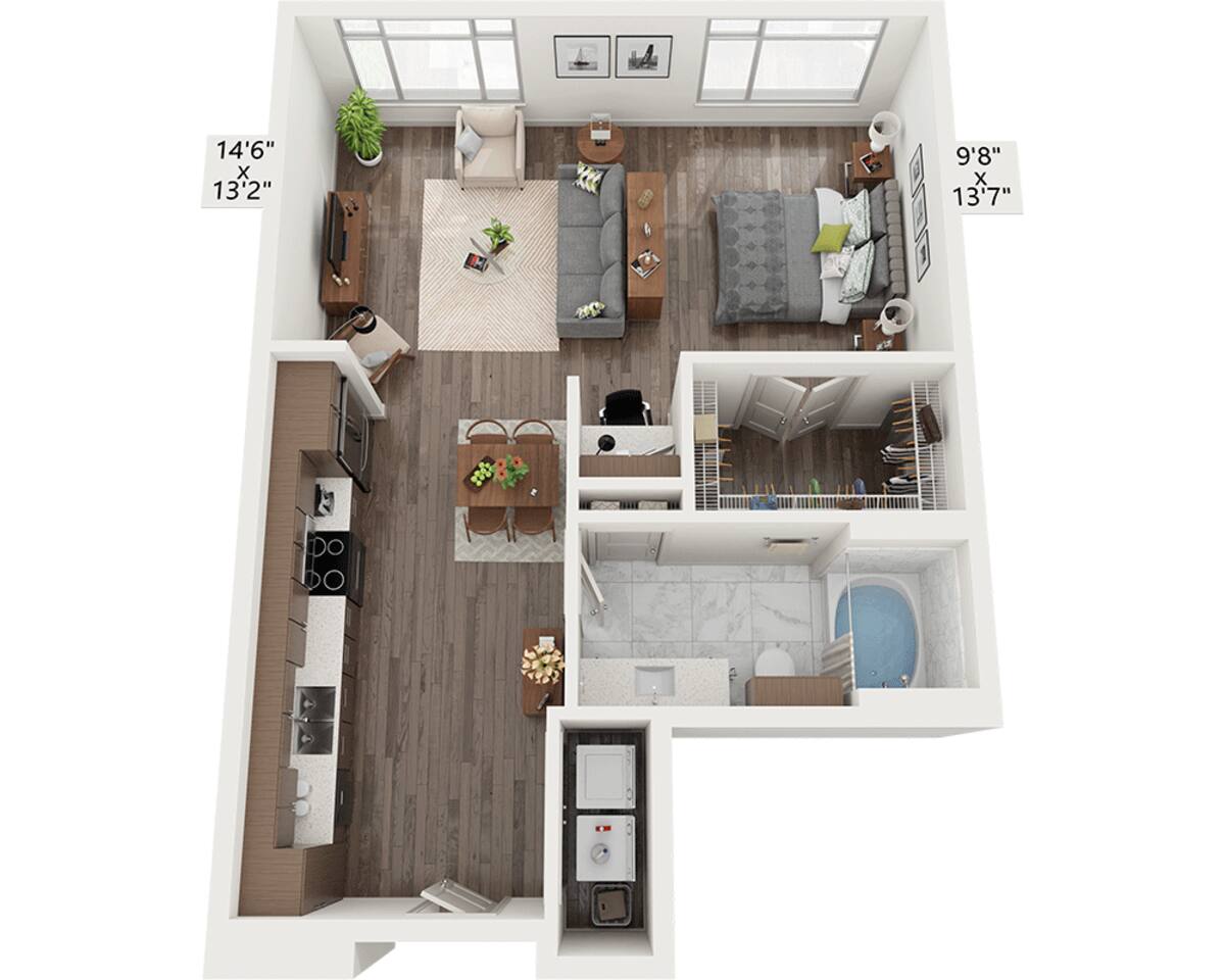 Floorplan diagram for Studio E1B, showing Studio