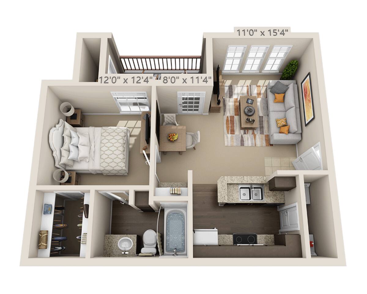 Floorplan diagram for Plan A1A, showing 1 bedroom