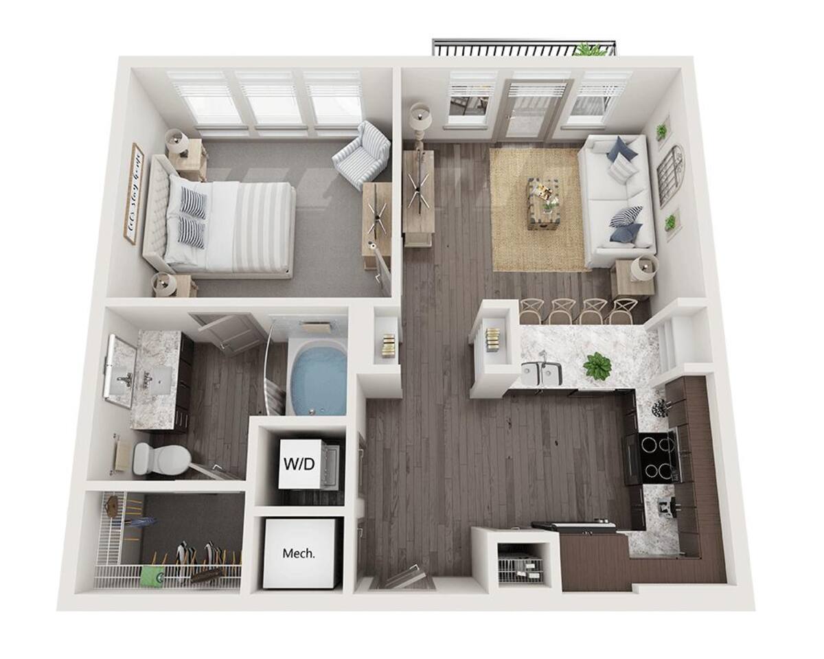 Floorplan diagram for One Bedroom A1E, showing 1 bedroom