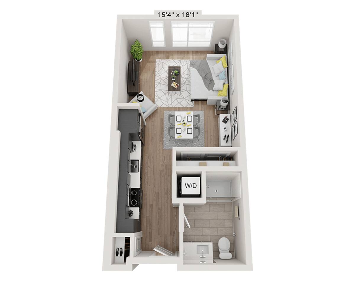 Floorplan diagram for E1AB, showing Studio