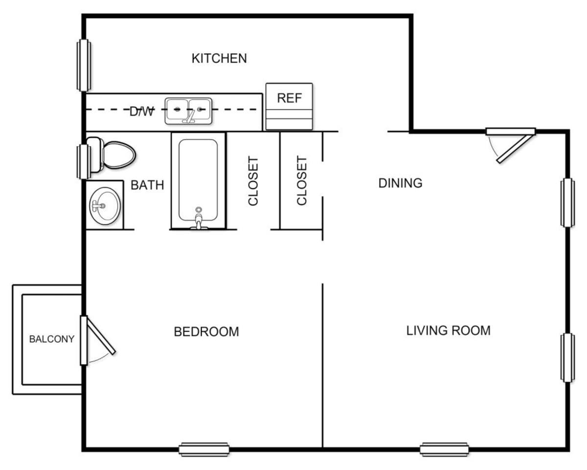 Floorplan diagram for Plan A1B, showing 1 bedroom
