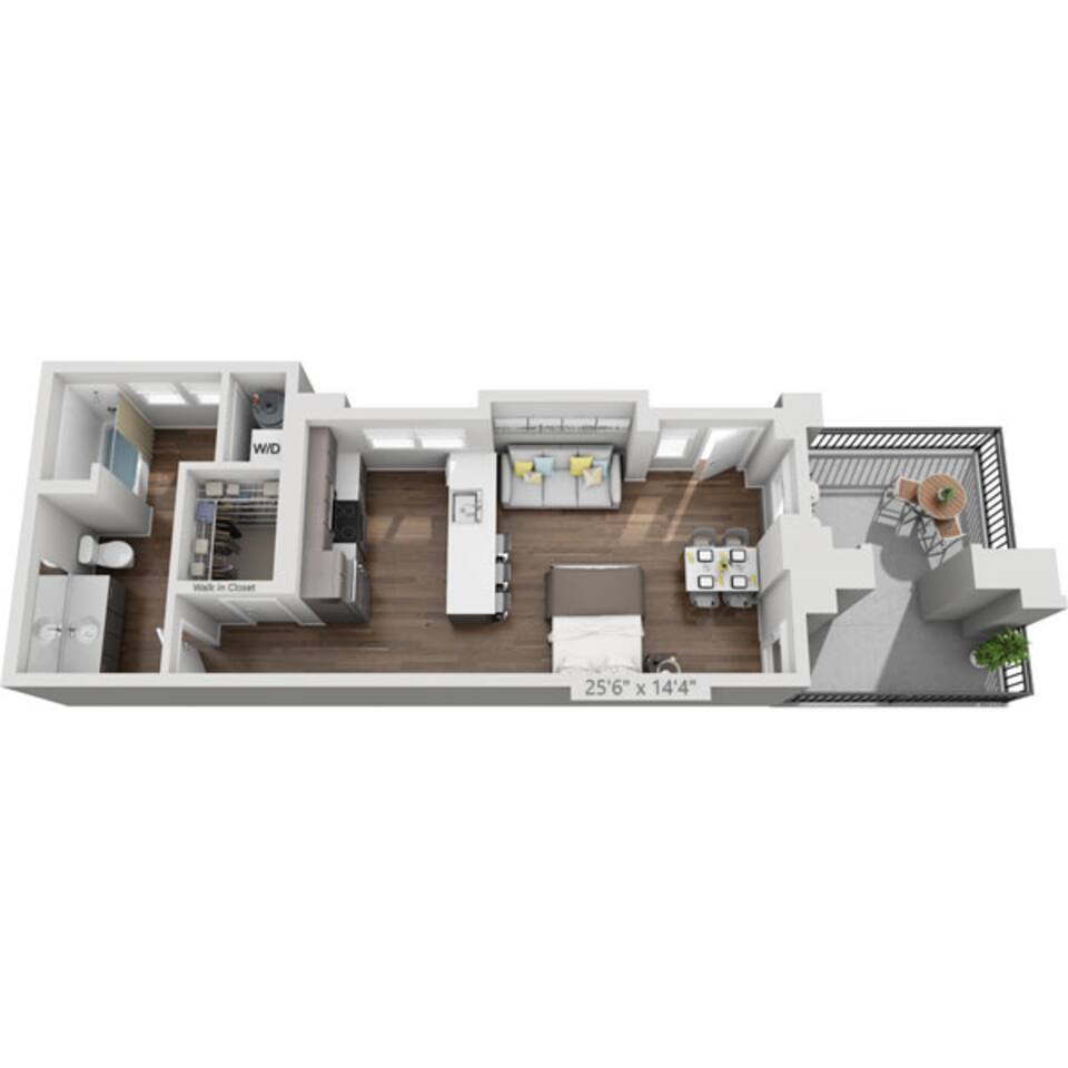Floorplan diagram for Plan E1B, showing Studio