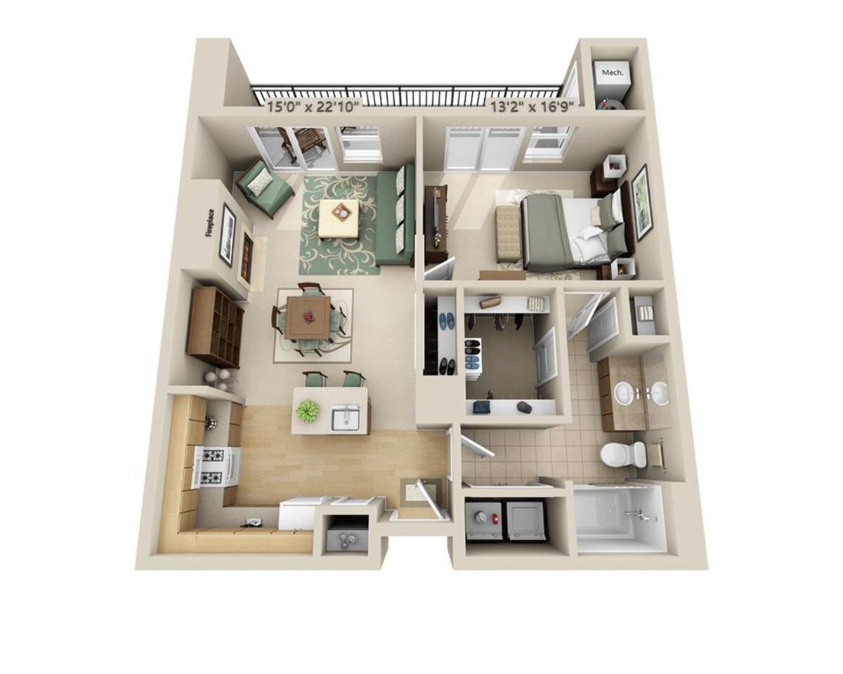 Floorplan diagram for One Bedroom A1J, showing 1 bedroom