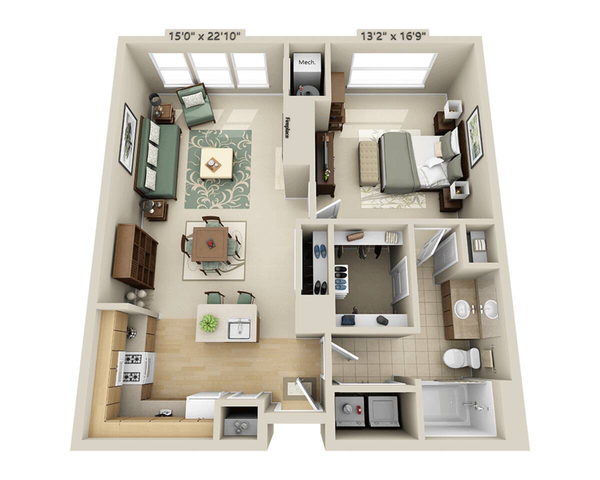 Floorplan diagram for One Bedroom A1K, showing 1 bedroom