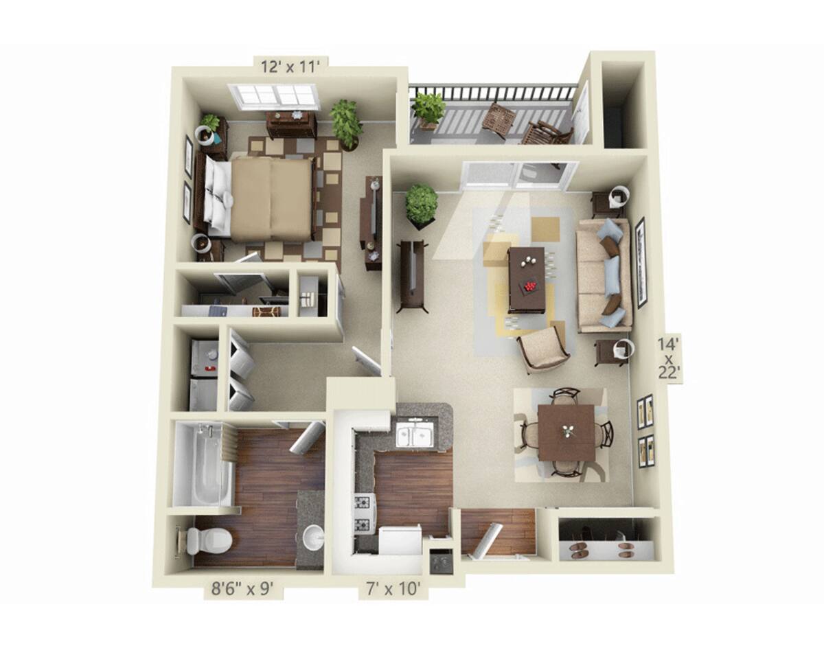 Floorplan diagram for Plan A1E, showing 1 bedroom