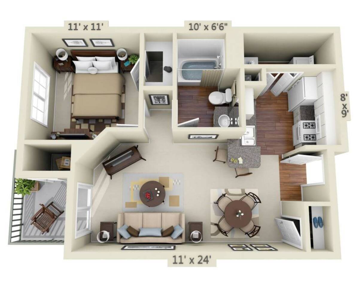 Floorplan diagram for Plan A1A, showing 1 bedroom