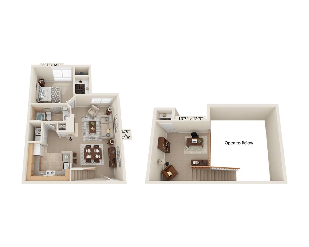 Floorplan diagram for One Bedroom Loft A1FL, showing 1 bedroom