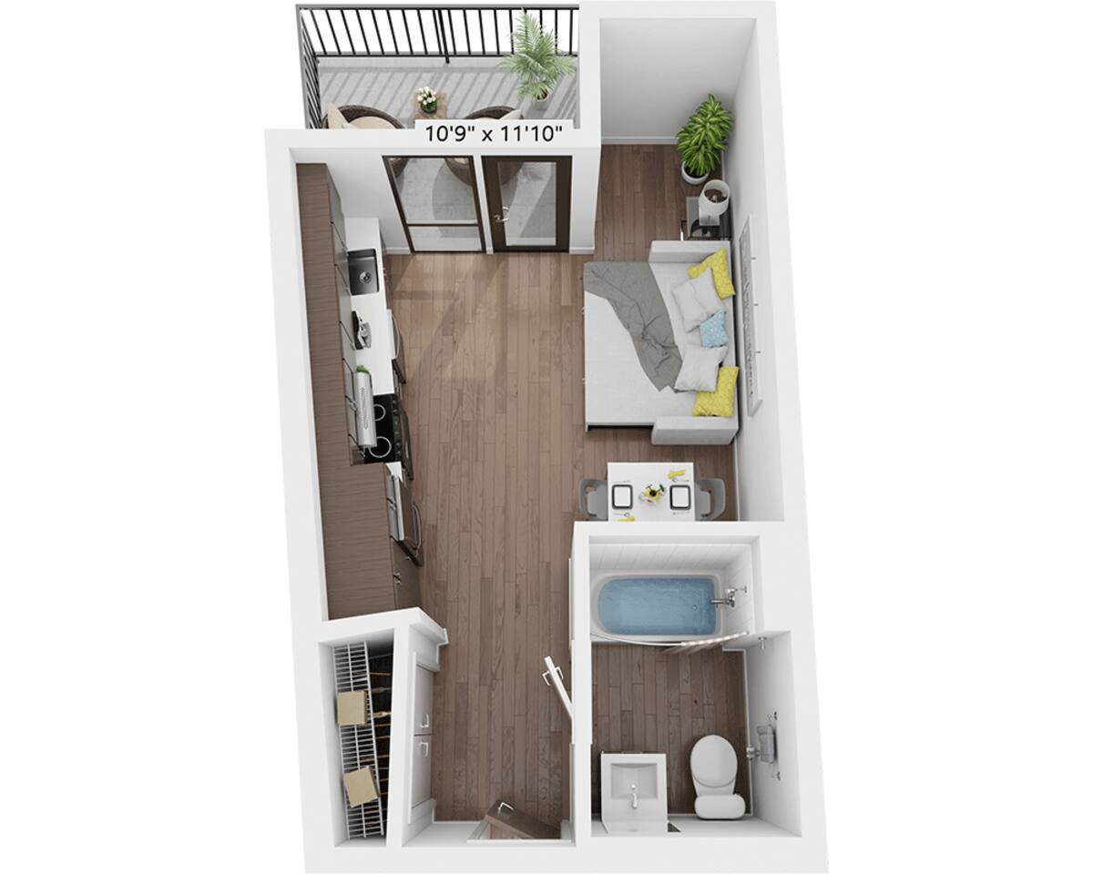 Floorplan diagram for Studio E1B, showing Studio