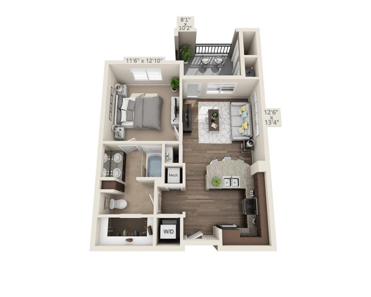 Floorplan diagram for One Bedroom A1A, showing 1 bedroom