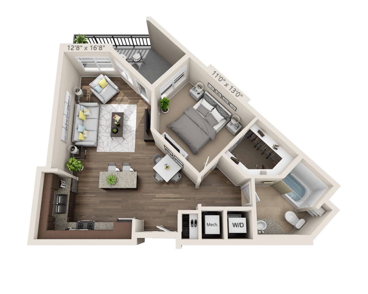 Floorplan diagram for One Bedroom A1C, showing 1 bedroom