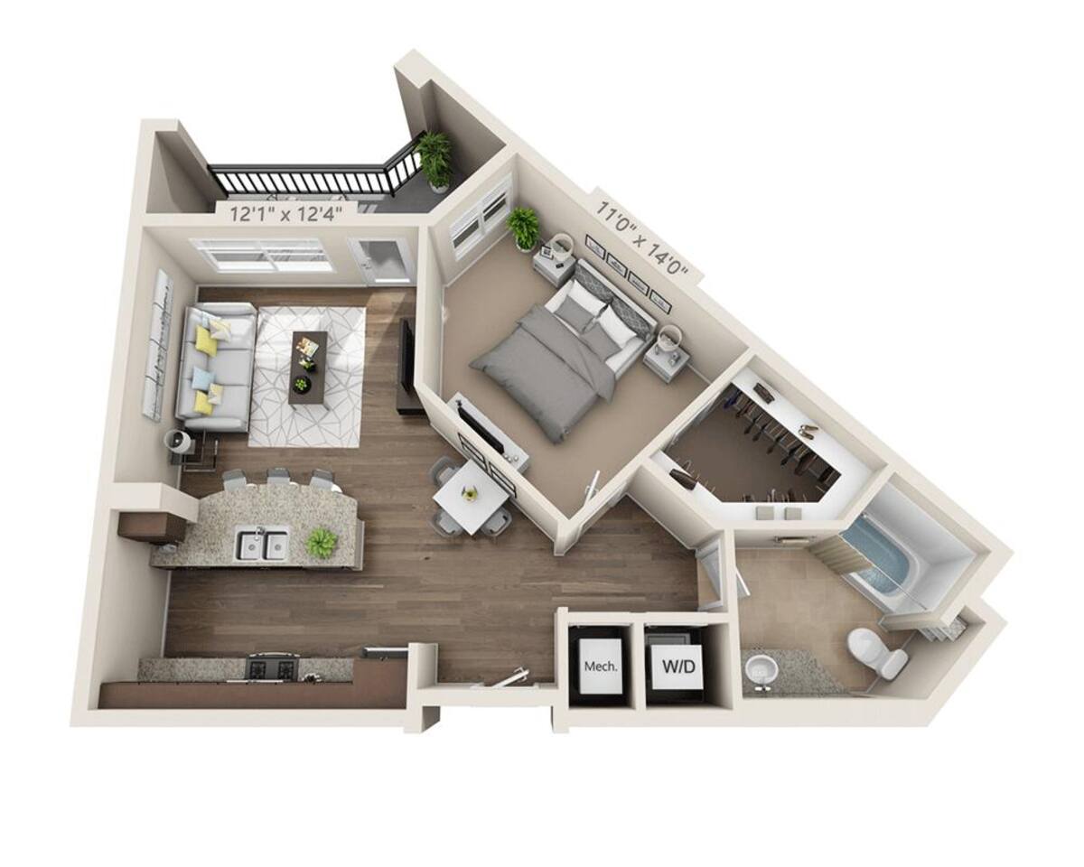 Floorplan diagram for One Bedroom A1D, showing 1 bedroom