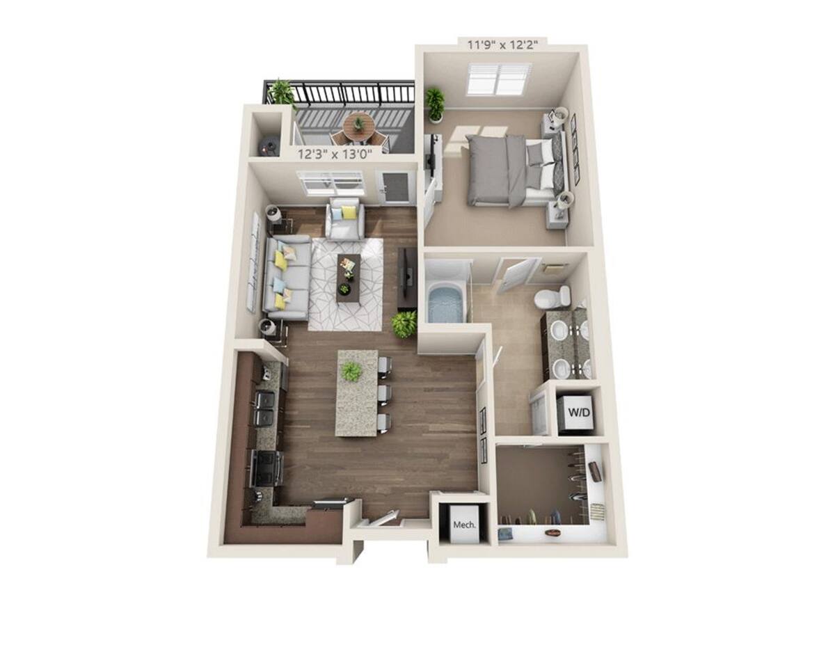 Floorplan diagram for One Bedroom A1E, showing 1 bedroom