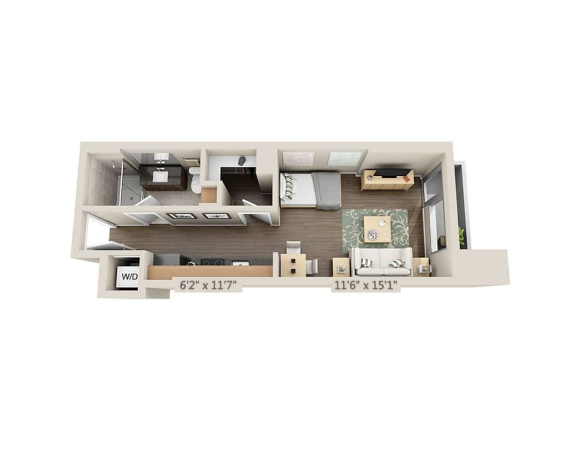 Floorplan diagram for Studio E1, showing Studio