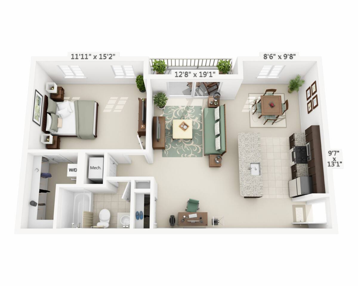 Floorplan diagram for One Bedroom A1B, showing 1 bedroom