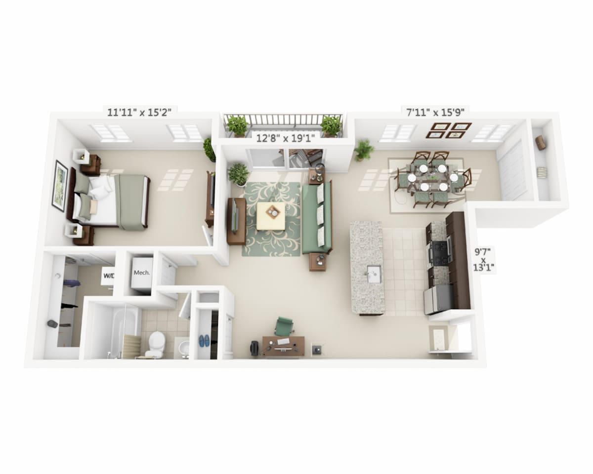 Floorplan diagram for One Bedroom with Den A1BD, showing 1 bedroom