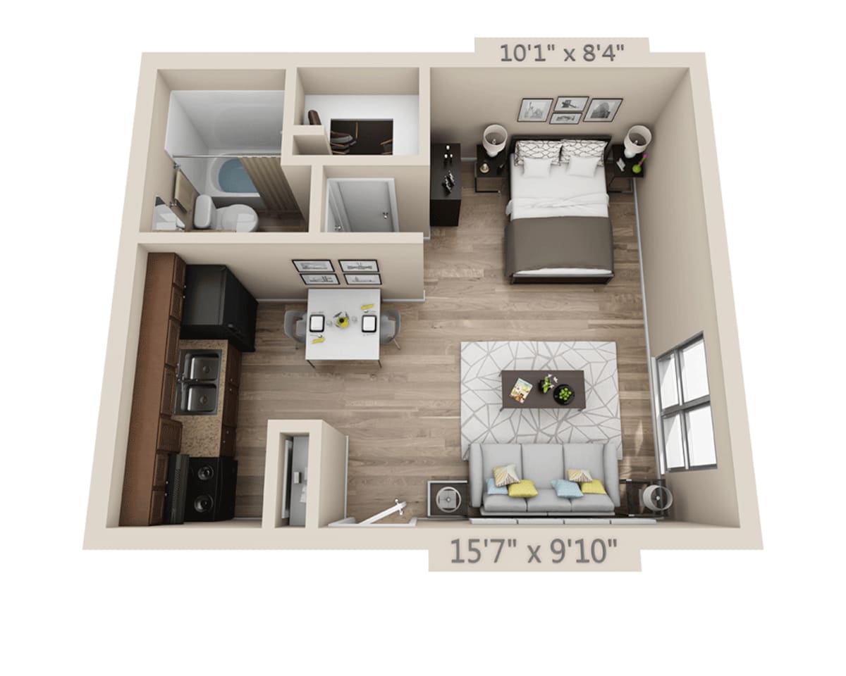 Floorplan diagram for Studio E1CT, showing Studio