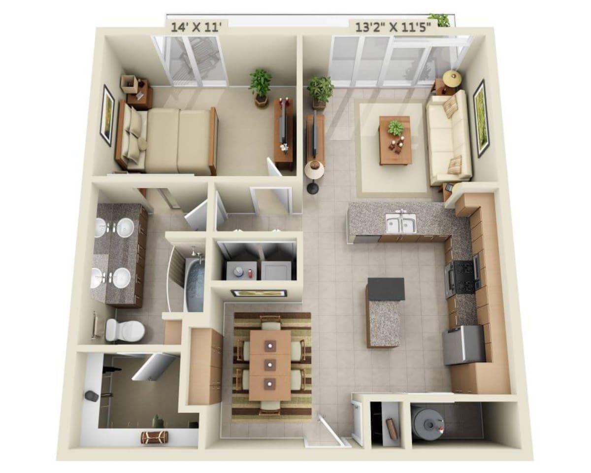 Floorplan diagram for One Bedroom A1E, showing 1 bedroom