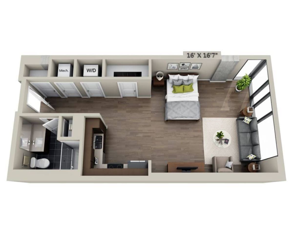 Floorplan diagram for E1AB, showing Studio