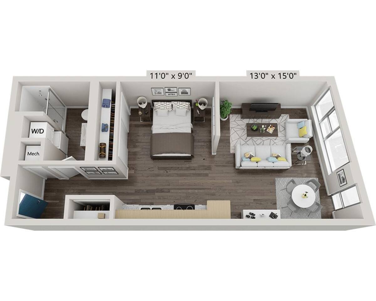 Floorplan diagram for One Bedroom A1E, showing 1 bedroom
