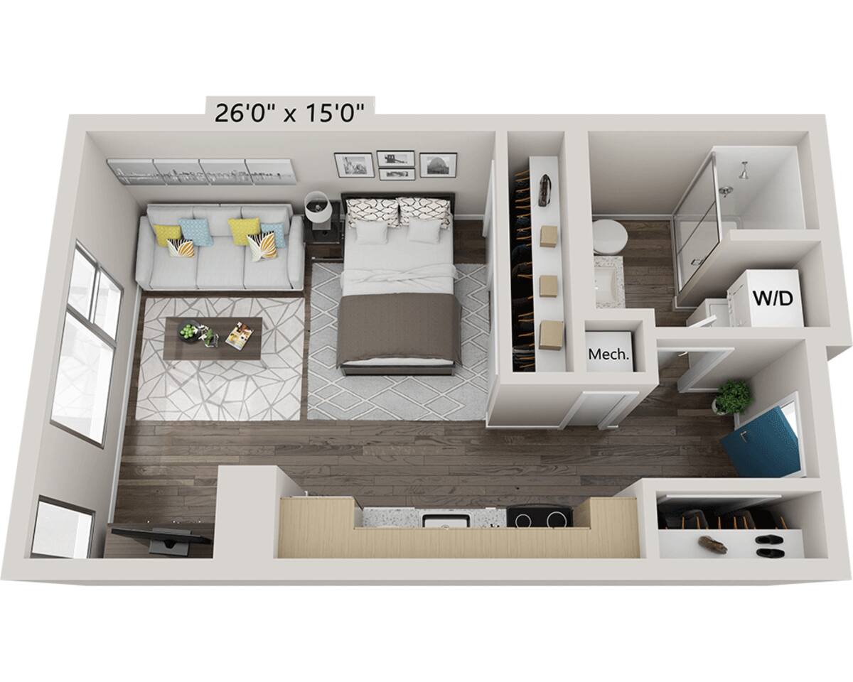 Floorplan diagram for Studio E1C, showing Studio